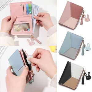 OKKFINE ผู้ถือบัตร กระเป๋าเงินแบบมีแผง ผู้ถือบัตร การเย็บปะติดปะต่อกัน กระเป๋าหนัง PU กระเป๋าซิป กระเป๋าสตางค์สั้น กระเป๋าสตางค์ผู้หญิง