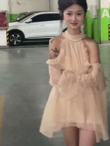 Summer French Style Off-Shoulder Bubble Sleeve Long Sleeve Mesh Loose Short Doll Fairy Dress for Young Women 18-25 Years Old