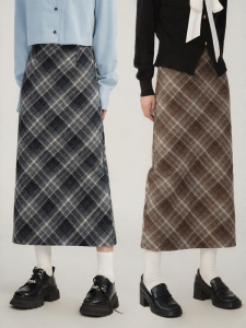 loveheynew | Chân Váy Midi A-line Kiểm Soát Dáng Thẳng In Họa Tiết Caro Len