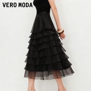 Vero Moda | Mid Waist Pleated Solid Color Office Tiered Skirt