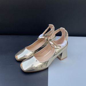 Fashionable Versatile Womens Shoes Single Buckle Thick Heel Mary Jane Cross Strap Slip-On Shoes mid Heel PU Leather Ladies Footwear