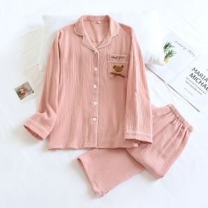 Spring Summer Autumn Thin Pure Cotton Bubble Cotton Yarn Simple Solid Color Loose Long Sleeve Full Cotton Outerwear Home Clothes Sleepwear Set for Women