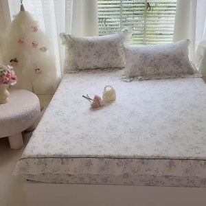 100% Cotton Floral Printed Ruffled Fitted Sheet Lace‑Trim Deep Pocket Bed Cover Soft Breathable Bed Skirt‑Style Fitted Sheet