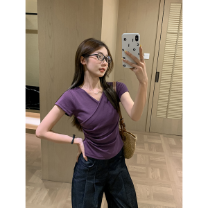 Cross V-Neck T-Shirt Stylish Versatile Slim Wrinkled Irregular