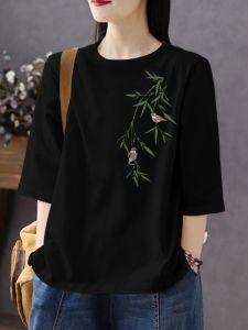 Womens Loose Fit Cotton T-Shirt 3/4 Sleeve Summer Fashion plus Size Slimming Belly Covering Trendy Shoulder Level Top