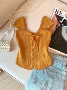 Áo Len Dệt Kim Hở Vai Kiểu Pháp Cho Nữ Mùa Hè 2025 Áo Khoác Ngoài Không Tay Hở Vai Kiểu Nữ Tính Có Dây Buộc