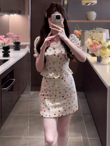French Polka Dot Fashion Set Women Summer New Square Collar Short Sleeve High Waist Body Short Skirt Two Piece Set