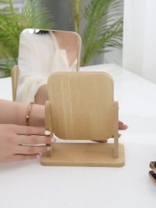 HD Wooden Mirror 360 Degree Portable Adjustable Table Desk Mirror Stand Bathroom Living Room
