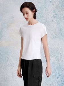 HR | เสื้อยืดคอกลมสีขาวพื้นสำหรับผู้หญิง HR เสื้อเชิ้ตทรงเข้ารูปสไตล์เกาหลี แขนสั้น ผ้าผสมคอตตอนและไนลอน