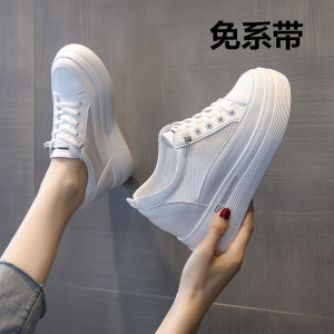 Trendy Thick Bottom Womens Shoes 8cm Heightening Spring Autumn Black Casual Sports Dad Shoes round Toe Slip-On Fashionable