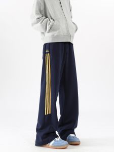 American Hiphop Mens Loose Straight Leg Casual Pants Spring Trendy Brand Three Bars Color Block Sports Leisure Trousers