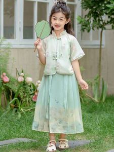 New 2024 Princess Style Horse Tailed Skirt Set Childrens Summer Clothing Short Sleeve Midi Dress Girls Traditional Chinese Hanfu