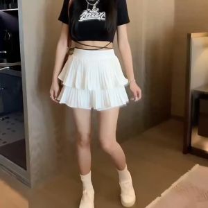 Womens Layered Skirt Korean Fashion Lined Safety Pants Dance High Waist Solid Color Elastic Waist Casual Pleated Short Skirt