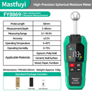 MASTFUYI Spherical Sensor Moisture Meter Non-destructive High Accuracy Dual Alarm for Wood Concrete Wall Humidity Detection