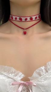 Salircon Gothic Cute Strawberry Korean Velvet Choker Exquisite Small Strawberry Pendant Lock Bone Necklace Trend Y2K Jewelry