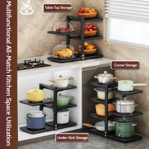 Adjustable 2-5 Tier Pot Rack Carbon Steel Kitchen Pan Organizer | Rak Bawah Sinki| Foldable & Space-Saving Home/Restaurant | 锅架 沥水架 收纳架