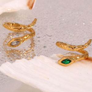 E.B.belle Hypoallergenic Green Clear Cubic Zirconia 18K Gold Plated Stainless Steel Snake Ring Womens Waterproof Titanium Ring