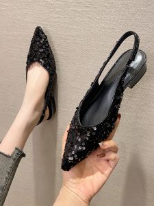 Sparkling Low Heel Flat Sandals Womens Fashionable Korean Style Spring Summer Glittery Slip-On Single Shoes Breathable