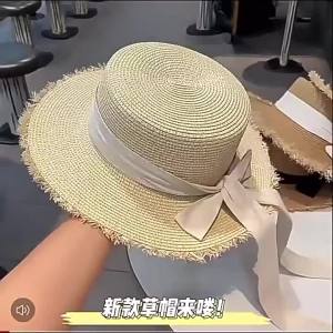 UV Protection Straw Sun Hat Summer Beach Vacation Wide Brim Flat Top French Style Protective Casual Headwear