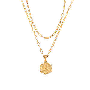 Must-have New Hexagonal Shape A-Z 26 Alphabet Letters Necklaces For Woman Double Layer Link Chain Gold Plated Initial Necklace
