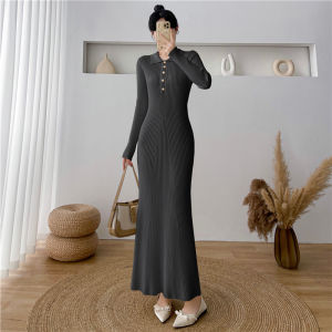 Womens Knitted Long Dress Autumn Winter Style Slim Fit Base Layer Sweater Dress High Waist Bodycon Long Skirt Single Piece