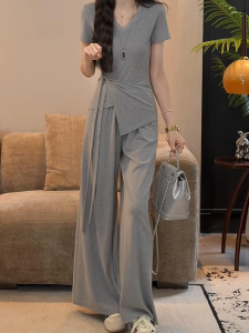 Shalldoer | Fashionable Loose Short Sleeve T-Shirt And Wide Leg Pants Set For Women Summer New Arrival Simple Asymmetrical Two Piece Suit