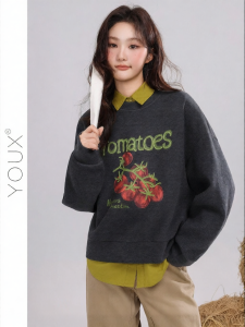 YOUXIANG | Áo Hoodie Tròn Cổ In Hình Anh Táo Màu Xám Đa Năng Mới Thu 2026 Nữ