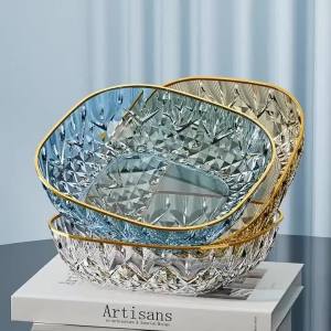 Crystal Fruit Bowl Elegant Gold Rim Diamond Cut Texture Shatter Resistant for Daily Fruit Snack Vegetable Serving Use