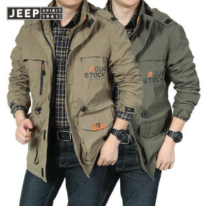 JEEP SPIRIT Áo Khoác Có Mũ Nam Dài Trung Bình Thường Ngày Áo Khoác Jacket Ngoài Trời Nhanh Khô Kích Thước Lớn Mùa Xuân Và Mùa Thu Nhiều Túi Áo Khoác Cho Nam