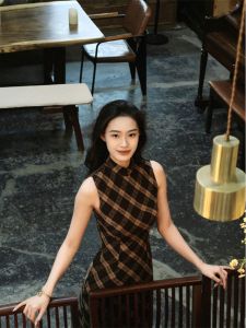 Slimming Vintage Checkered Republic of China Style Qipao Dress New Chinese Style Long Evening Gown Elegant Classy Womens Skirt