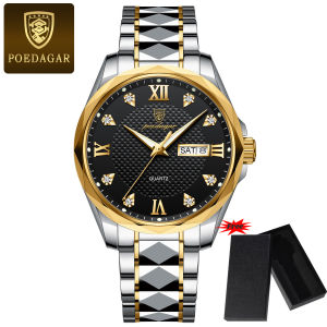 【With Box】POEDAGAR Brand Original Watches Fashion Mens Watches Luxury Brand Male Business Casual Luminous Calendar Stainless Steel Strap Quartz Waterproof Watches Clock Gifts 998G