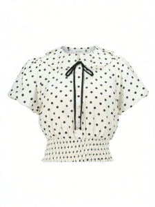 AIVEI | Sweet Petite Waist Cinched Polka Dot Chiffon Shirt