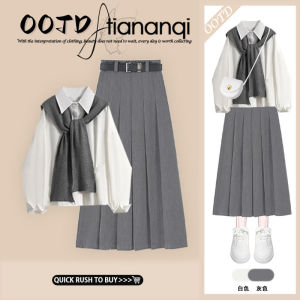 Loose Casual Shirt Top Layering Grey Shawl High Waist Pleated Skirt Early Autumn College Style Design Fashion Set Womens Clothing