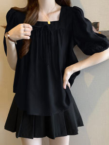 plus Size Summer New Loose Age-Defying Chiffon Bubble Short Sleeve Shirt for Women Hide Belly Slimming Square Collar Top