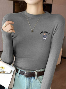 เสื้อยืดคอตั้งบุขนแกะหนาสำหรับผู้หญิงในฤดูใบไม้ร่วงและฤดูหนาว เสื้อเชิ้ตแขนยาวทรงสลิมฟิตแบบสวมใส่สบาย เสื้อผ้าทำงานสไตล์เกาหลี