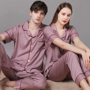 2026 High Quality Couple Pajamas Suit Summer Short Sleeve Long Pant Home Cloth Men Ice Silk Thin Satin Large Size Sleepwear Set Women