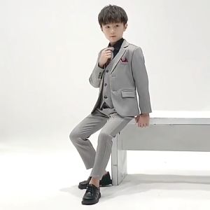 4pcs Tuxedo Terno for Kids Boys Formal Suit 3-14 Yrs Americana Suit Jacket Blazer Pants Attire Set Tuxedo Outfit Party Wedding Dresswear Toddler Birthday Performance Costume