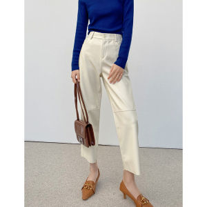 Black High Waist Elastic Splice Nine Point Leather Pants Women Autumn Winter Loose Slim Straight Casual Eight Point Pants