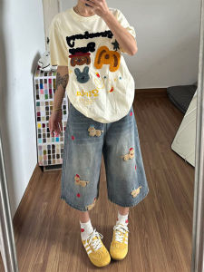 QIANCHANGNAAI | Casual American Style Puppy Embroidery Straight Leg Wide Leg Jean Shorts