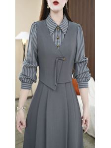 Autumn 2025 New Chinese Style Long Sleeve Dress Womens Slimming Stripe Splicing Casual Skirt High Waist A-Line Dress Polo Collar
