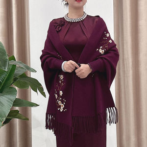 Autumn Winter Flag Robe Coat Tassel Shawl Wedding Dress Purple Sleeveless Womens Outerwear Knitted Material Floral Pattern