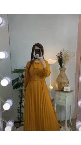 Gamis Plisket Sabuk Kancing Hidup Wanita Bahan Wafel Busui Modern Lebaran Mewah Terbaru Kekinian