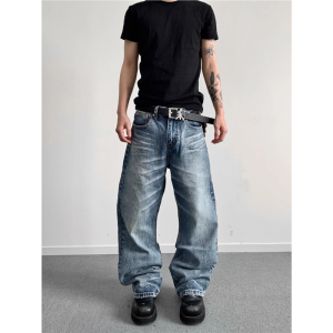Retro American High Street Cat Jeans Mens Trendy Straight Leg Micro Flared Slimming Cleanfit Long Trousers