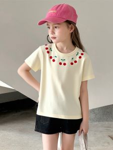 Summer New Baby Clothes Korean Style Casual Cartoon Cherry Print Short Sleeve T-Shirt for Girls Baby Cotton Sweat Absorbent