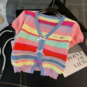 La Chebel Rainbow Stripes V Neck Knitting Tops Matching Denim Shorts Fashionable Stylish Summer Clothes Two-Piece Suit Women