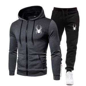 2026 Spring Winter spider print zipper long-sleeved hoodie + stretch waist pants two-piece mens sports jogging fitness suit
