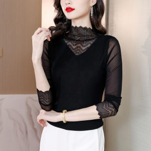 MAIMEI | Womens Long Sleeve Lace Splicing Base Shirt Inner Wear T-Shirt Versatile Netting Top High Collar Regular Length Polyester Blend