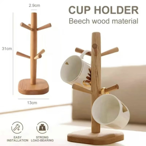 Mug Holder Countertop Mug Tree: Bamboo Mug Rack & Tea Cup Organizer Coffee Counter Bar Accessory & Kitchen Organizer with 6 Hooks Display