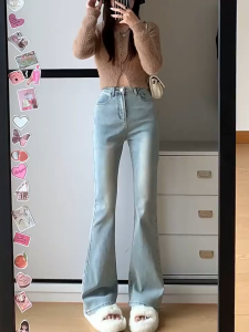 6สี กางเกงขาม้า กางเกงยีนส์เอวสูง สไตล์Y2K ผ้ายืดได้ พรางหุ่น#231113