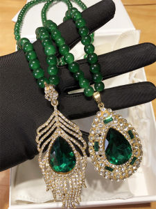 Retro Deep Green Color Diamond Beads Baroque Waterdrop Feather Full Diamond Long Necklace Sweater Chain Womens Fashion Jewelry